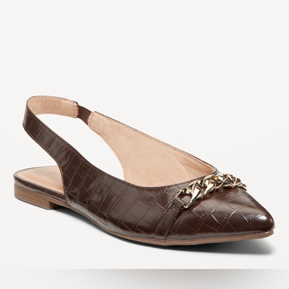 Old Navy Faux Leather Crocodile Slingback Flats with Gold Chain Detail, Size 9